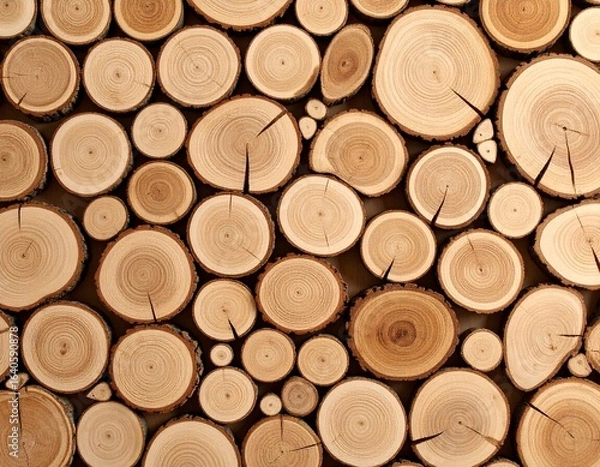 Fototapeta Close-up of stacked wooden logs with natural rings and cracks, showing warm brown tones and rustic texture
