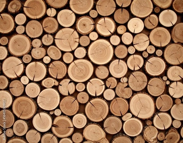 Fototapeta Close-up of stacked wooden logs with natural rings and cracks, showing warm brown tones and rustic texture