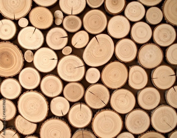Fototapeta Close-up of stacked wooden logs with natural rings and cracks, showing warm brown tones and rustic texture