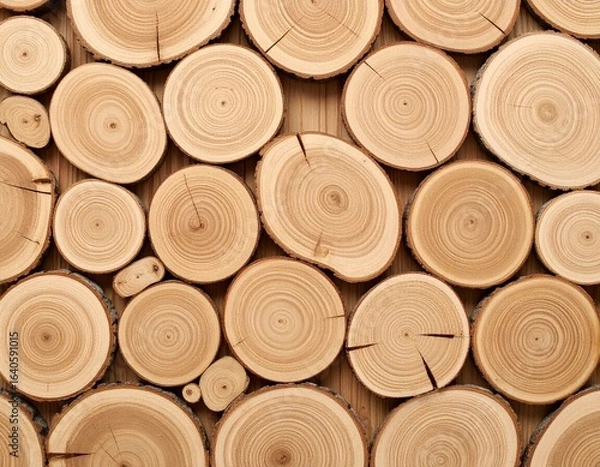 Fototapeta Close-up of stacked wooden logs with natural rings and cracks, showing warm brown tones and rustic texture