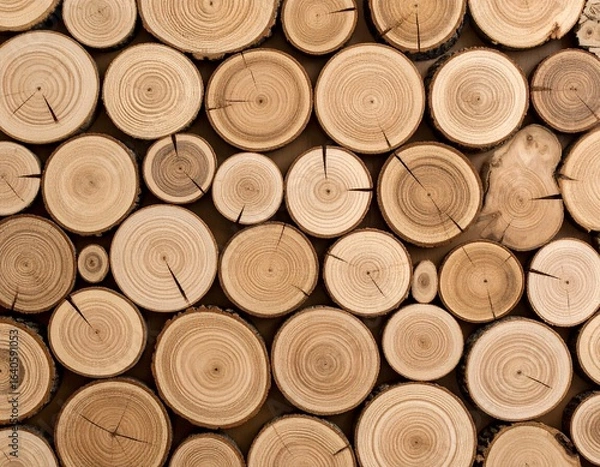 Fototapeta Close-up of stacked wooden logs with natural rings and cracks, showing warm brown tones and rustic texture