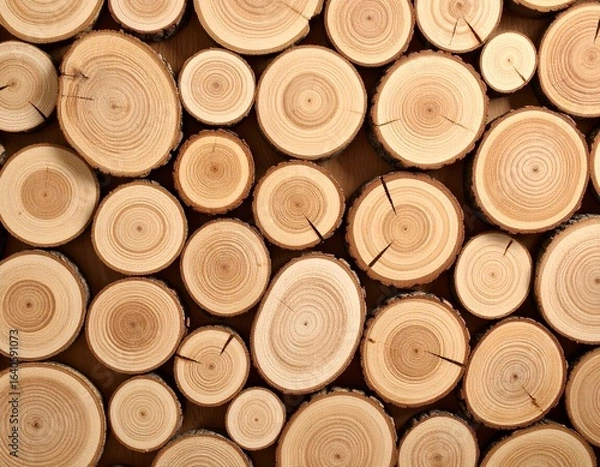 Fototapeta Close-up of stacked wooden logs with natural rings and cracks, showing warm brown tones and rustic texture