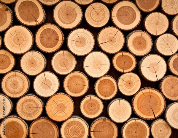 Fototapeta Close-up of stacked wooden logs with natural rings and cracks, showing warm brown tones and rustic texture