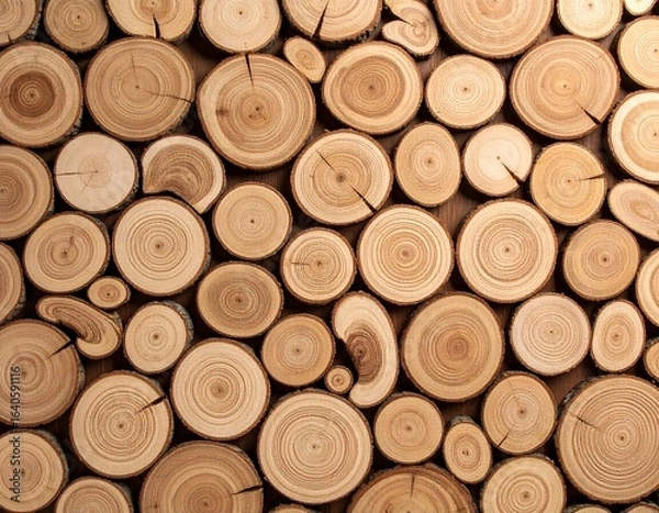 Fototapeta Close-up of stacked wooden logs with natural rings and cracks, showing warm brown tones and rustic texture