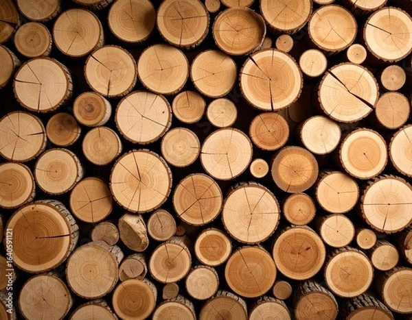 Fototapeta Close-up of stacked wooden logs with natural rings and cracks, showing warm brown tones and rustic texture