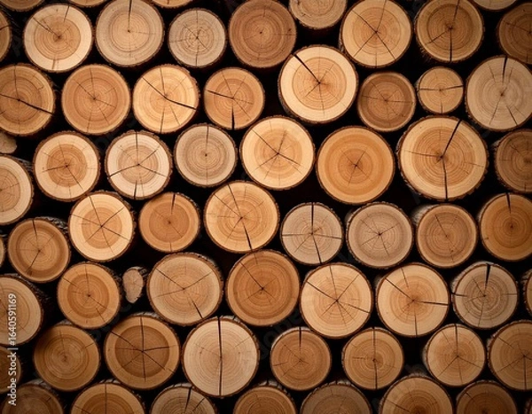 Fototapeta Close-up of stacked wooden logs with natural rings and cracks, showing warm brown tones and rustic texture