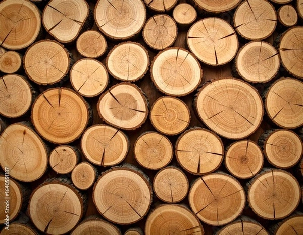 Fototapeta Close-up of stacked wooden logs with natural rings and cracks, showing warm brown tones and rustic texture