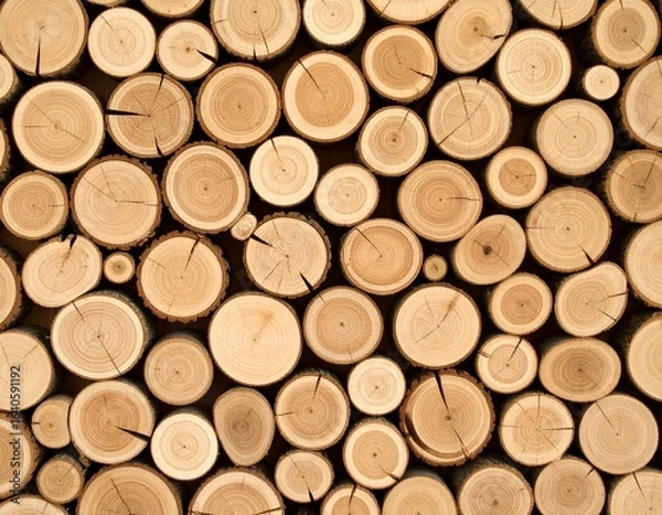 Fototapeta Close-up of stacked wooden logs with natural rings and cracks, showing warm brown tones and rustic texture