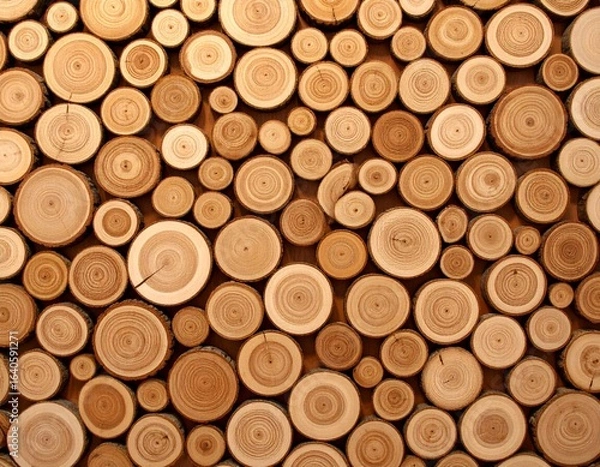 Fototapeta Close-up of stacked wooden logs with natural rings and cracks, showing warm brown tones and rustic texture