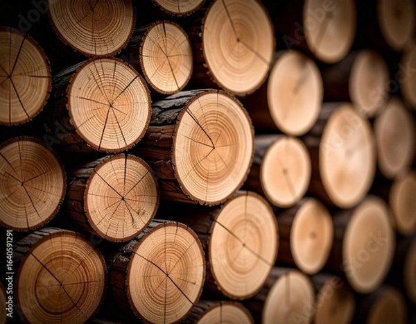 Fototapeta Close-up of stacked wooden logs with natural rings and cracks, showing warm brown tones and rustic texture