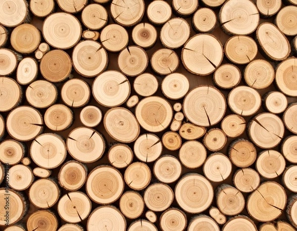 Fototapeta Close-up of stacked wooden logs with natural rings and cracks, showing warm brown tones and rustic texture
