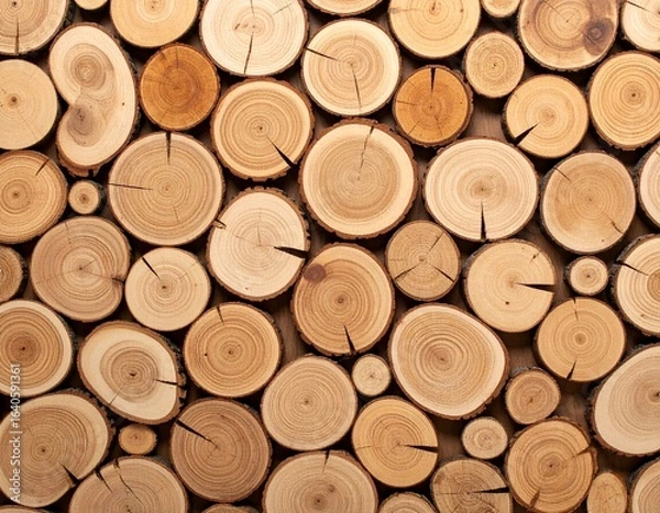 Fototapeta Close-up of stacked wooden logs with natural rings and cracks, showing warm brown tones and rustic texture