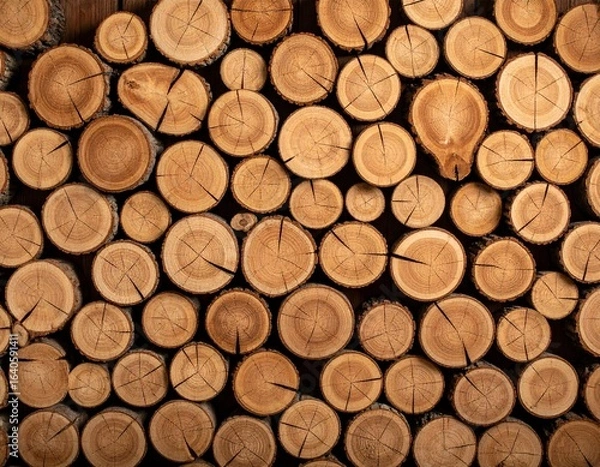 Fototapeta Close-up of stacked wooden logs with natural rings and cracks, showing warm brown tones and rustic texture