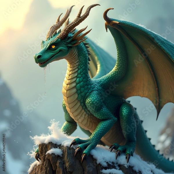 Fototapeta Fantasy dragon: A majestic dragon with iridescent scales perched on a mountain peak.

