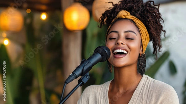 Obraz Joyful woman singing outdoors with microphone, surrounded by warm lights and greenery