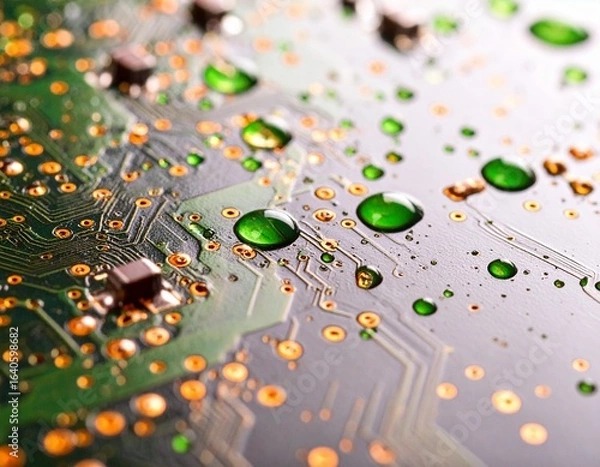 Obraz Macro close-up of electronic circuit board with microchips and components for technology, computing, and electronics engineering