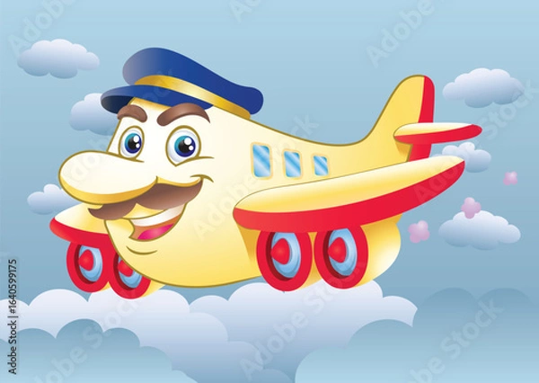 Obraz illustration of a male airplane mascot wear pilot hat flying on sky background
