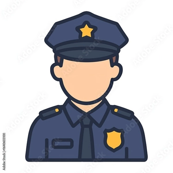 Obraz Flat cartoon-style police officer icon showing a law enforcement officer in a navy blue uniform with cap and badge, on a white background. Ideal for security themes, law enforcement illustrations
