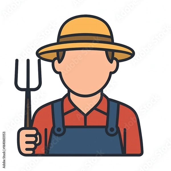 Obraz Flat cartoon-style farmer icon featuring an agriculture worker wearing a straw hat and overalls, holding a pitchfork, on a white background. Perfect for agricultural themes, farming illustrations
