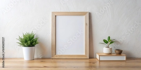 Fototapeta Blank frame mockup with potted plants on a wooden surface against a textured wall