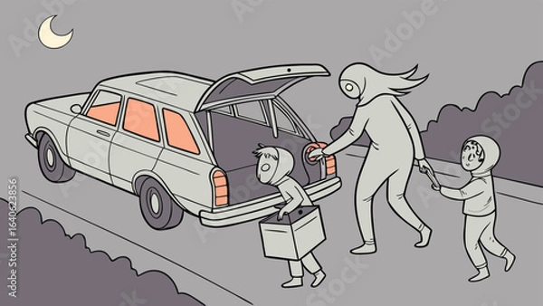 Fototapeta Family in matching hooded outfits packing a vintage station wagon at night under a crescent moon loading cargo into the open trunk