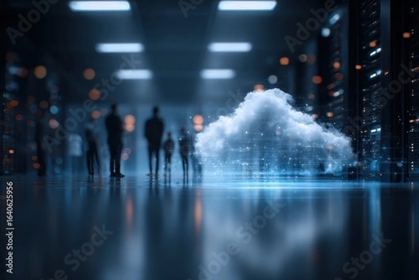 Obraz IT professionals collaborate on cloud migration project in data center with advanced technology and digital cloud representation