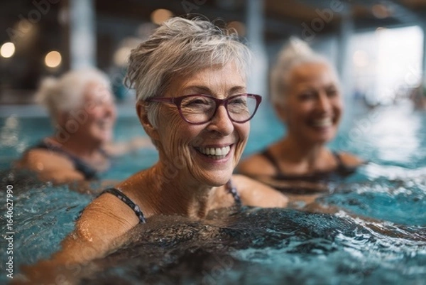 Obraz Active senior women participate in aqua fit class, showcasing joy and fitness in a lively pool setting