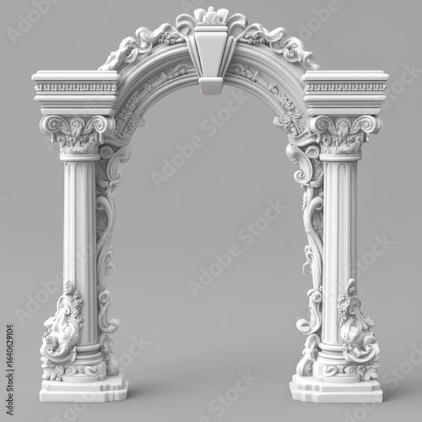Fototapeta Old Roman arch made from white clay with fancy designs. A 3D picture shows Greek stone pillars like those used for temple doors or windows. It's an old-fashioned, classic arch.
