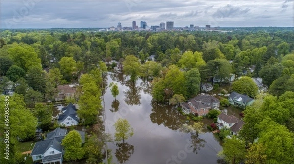 Fototapeta Aerial View of Flooded Neighborhood Homes with City Skyline After Storms and Heavy Rain