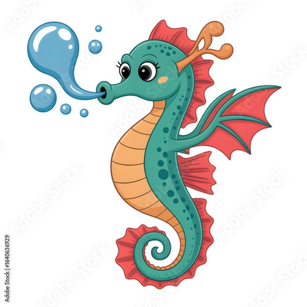 Fototapeta Whimsical Seahorse Dragon Blowing Bubbles with Colorful Fins and Curled Tail