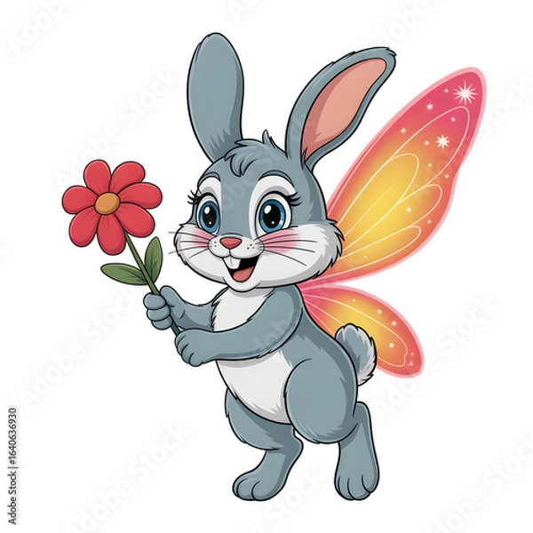 Fototapeta Adorable Fairy Bunny Holding Red Flower with Sparkling Gradient Wings