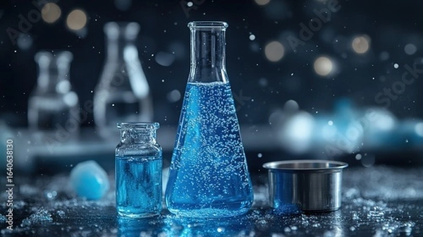 Fototapeta Monochromatic Laboratory Scene with Focused Glass Vial and Shelved Reports
