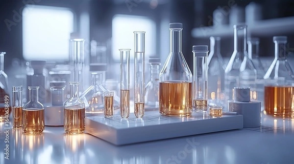 Fototapeta Monochromatic Laboratory Scene with Focused Glass Vial and Shelved Reports