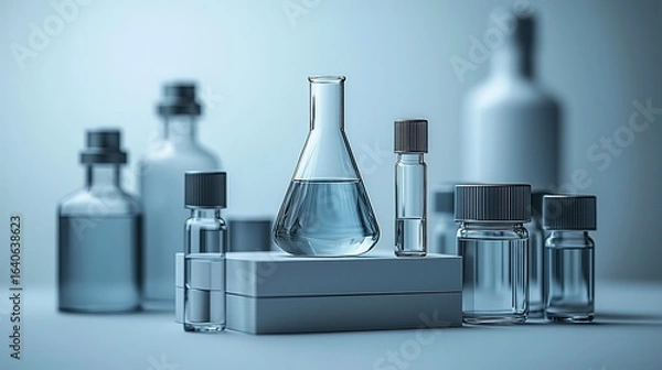 Fototapeta Monochromatic Laboratory Scene with Focused Glass Vial and Shelved Reports