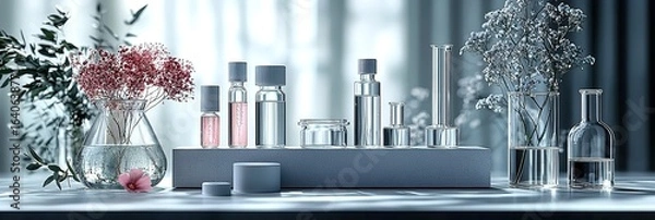 Fototapeta Monochromatic Laboratory Scene with Focused Glass Vial and Shelved Reports
