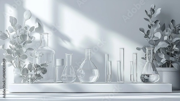 Fototapeta Monochromatic Laboratory Scene with Focused Glass Vial and Shelved Reports