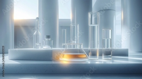 Fototapeta Monochromatic Laboratory Scene with Focused Glass Vial and Shelved Reports