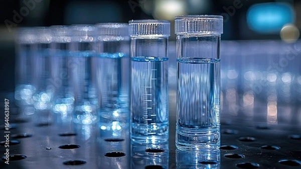 Fototapeta Monochromatic Laboratory Scene with Focused Glass Vial and Shelved Reports