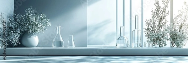 Fototapeta Monochromatic Laboratory Scene with Focused Glass Vial and Shelved Reports