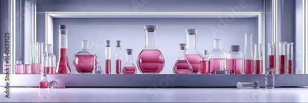 Fototapeta Monochromatic Laboratory Scene with Focused Glass Vial and Shelved Reports