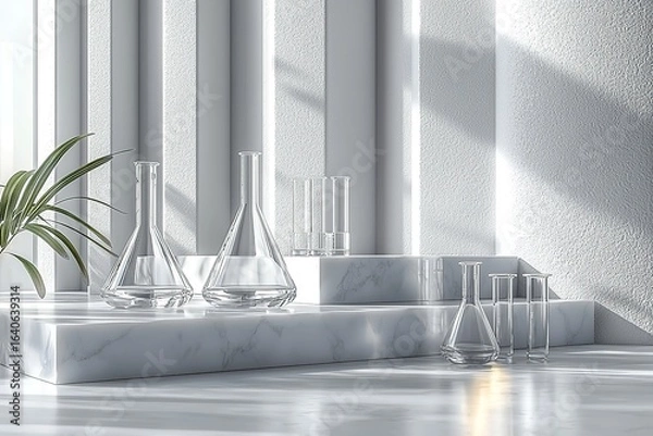 Fototapeta Monochromatic Laboratory Scene with Focused Glass Vial and Shelved Reports