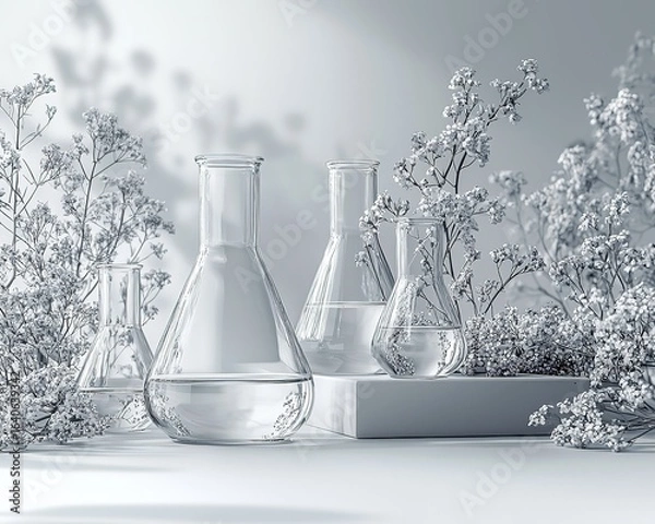 Fototapeta Monochromatic Laboratory Scene with Focused Glass Vial and Shelved Reports