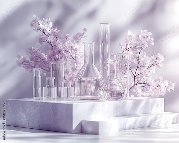 Fototapeta Monochromatic Laboratory Scene with Focused Glass Vial and Shelved Reports