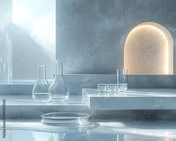 Fototapeta Monochromatic Laboratory Scene with Focused Glass Vial and Shelved Reports