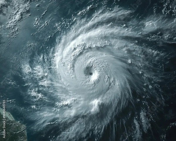 Obraz A panoramic view of a hurricane from space, highlighting the swirling cloud patterns and the vastness of the storm, 8k, realistic 