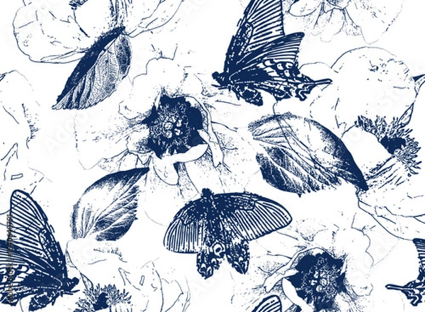 Fototapeta Chinoiserie Inspired Toile de Jouy seamless pattern. Exotic Butterflies and flowers in Monochrome Elegance