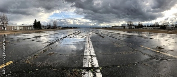 Fototapeta Empty, wet runway under a stormy sky