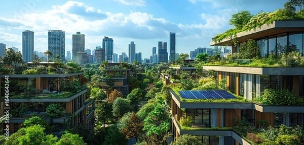 Obraz A panoramic view of a sustainable city with green roofs and solar panels on buildings, illustrating urban sustainability, 8k, realistic 