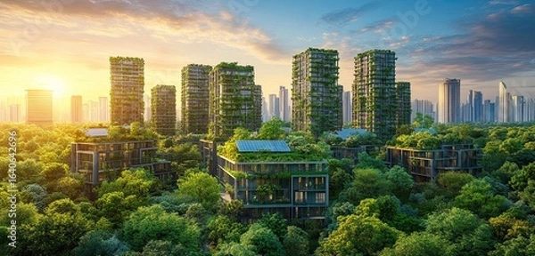 Obraz A panoramic view of a sustainable city with green roofs and solar panels on buildings, illustrating urban sustainability, 8k, realistic 
