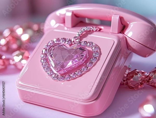 Obraz A pastel pink flip phone adorned with a crystal heart charm, showcasing Y2K style, 8k, realistic